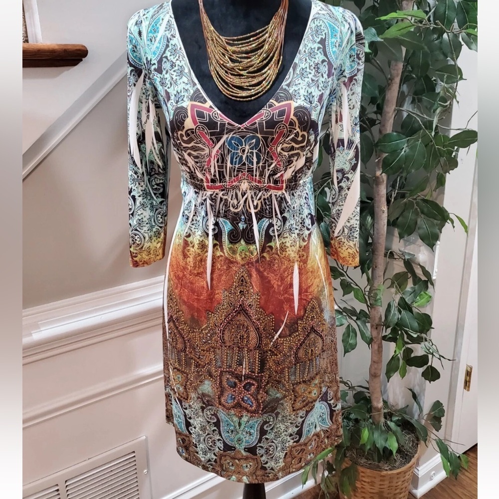 S-Twelve Women's Multicolor Polyester V-Neck Long Sleeve Knee Length Dress small